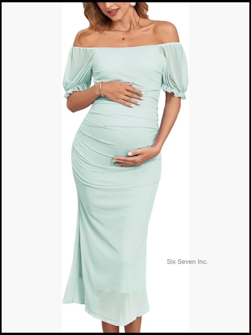Mesh Maternity Dress with Ruching, Bodycon Fishtail Style, Tea Length